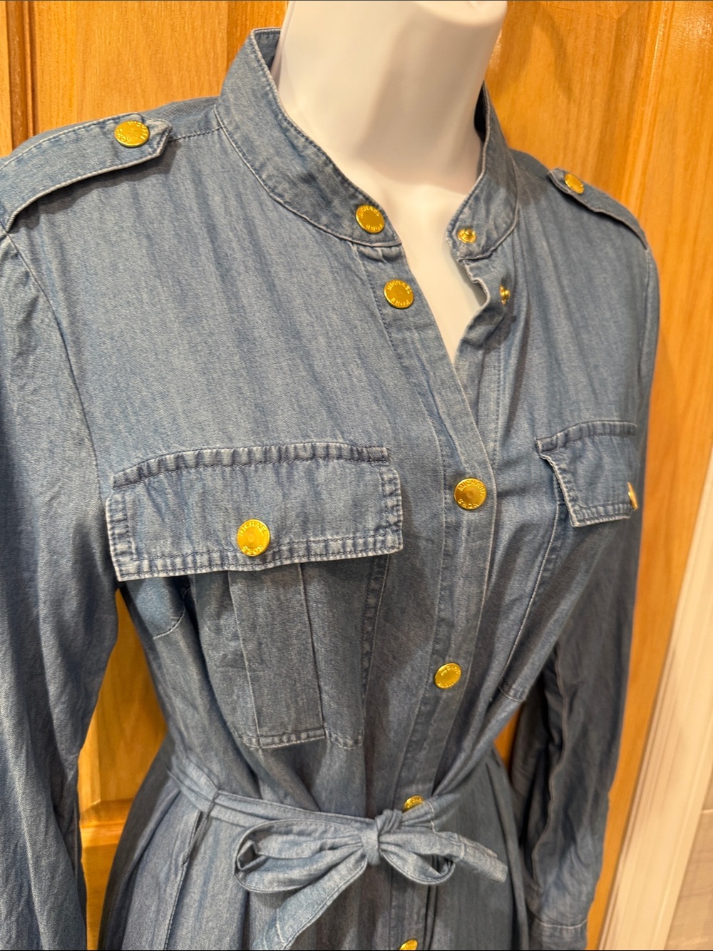 Michael Kors Light Blue Denim Maxi Shirt Dress with Gold Buttons - Picture 2 of 6